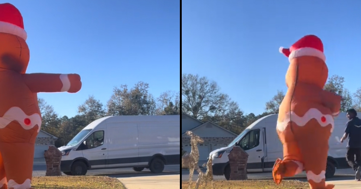 Aufblasbarer Lebkuchenmann jagt Amazon-Lieferanten