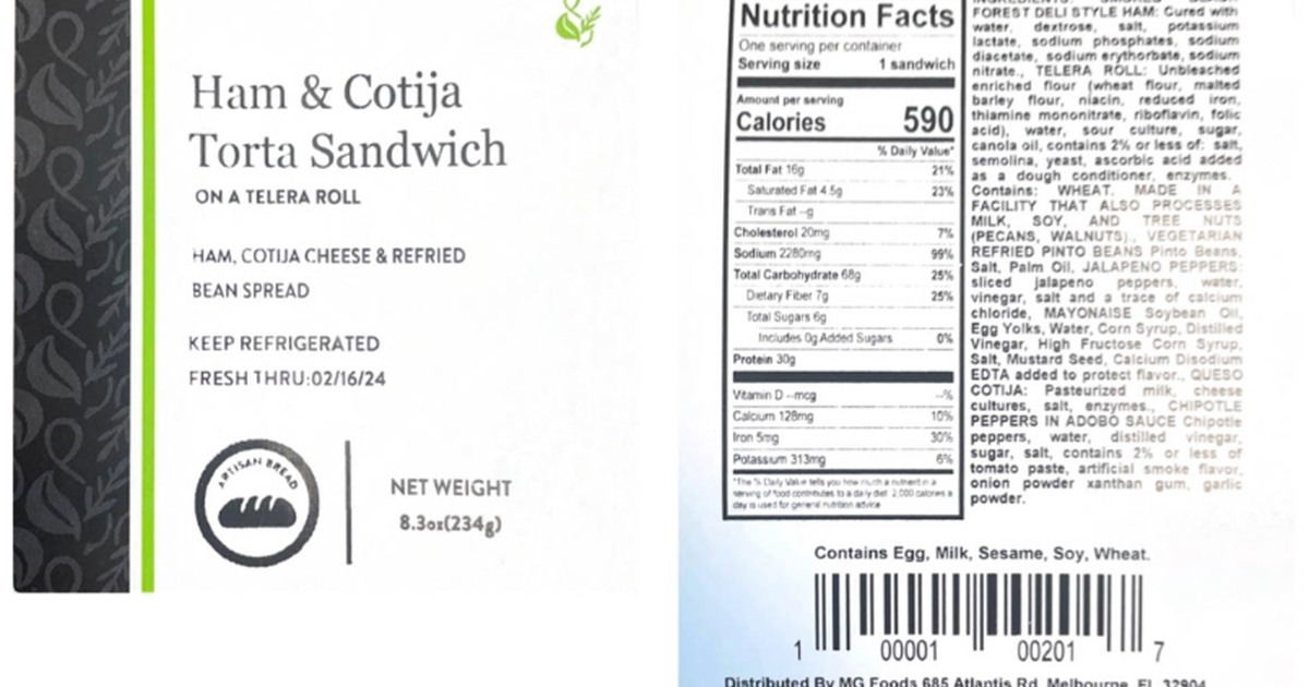 Urgent Recall Notice MG Foods Recalls Ham & Cotija Torta Sandwich Due